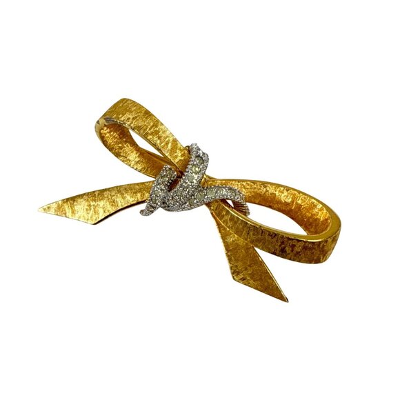 Vintage Gold Bow Brooch with Rhinestones Textured Metal Ribbon Pin - Picture 9 of 10